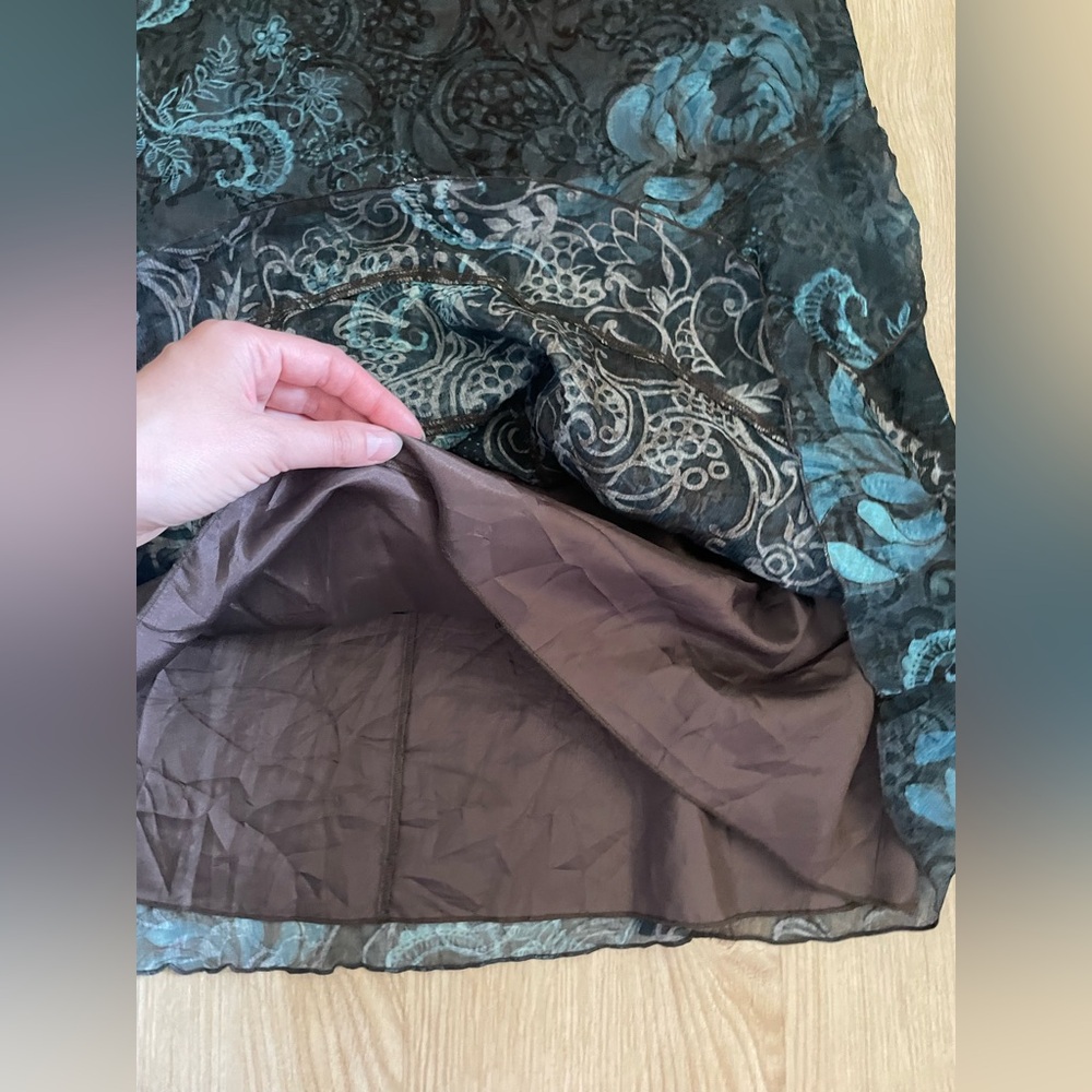 Floral Chiffon Ruffle Skirt Brown Teal S8 - Picture 12 of 15